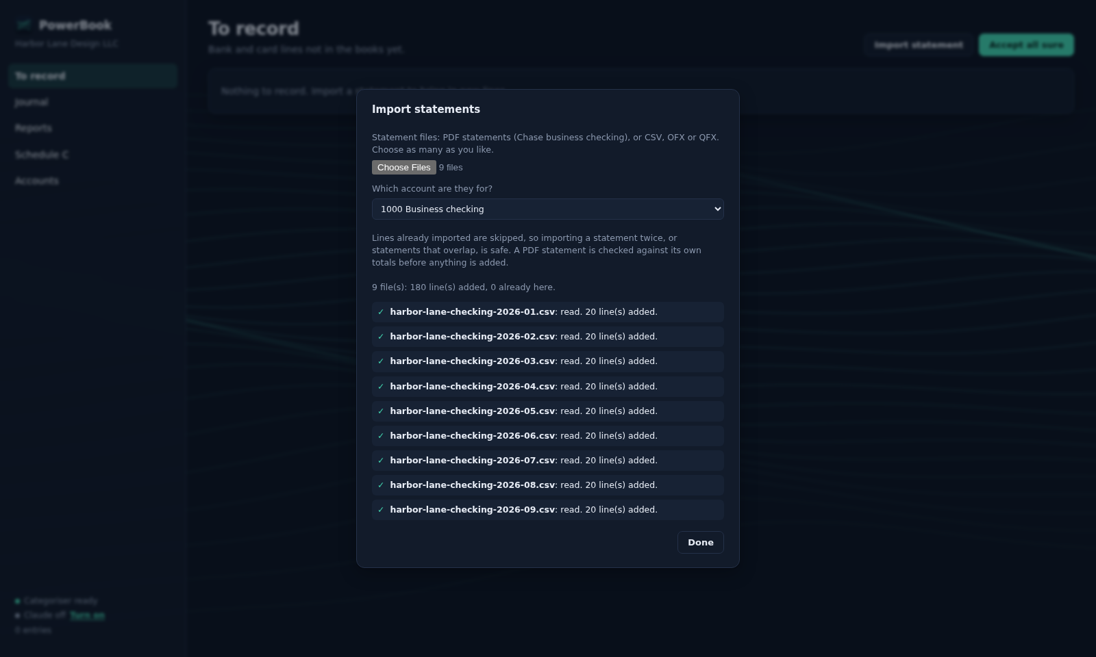 The Import statements dialog after nine monthly statements were imported, each with how many lines it added